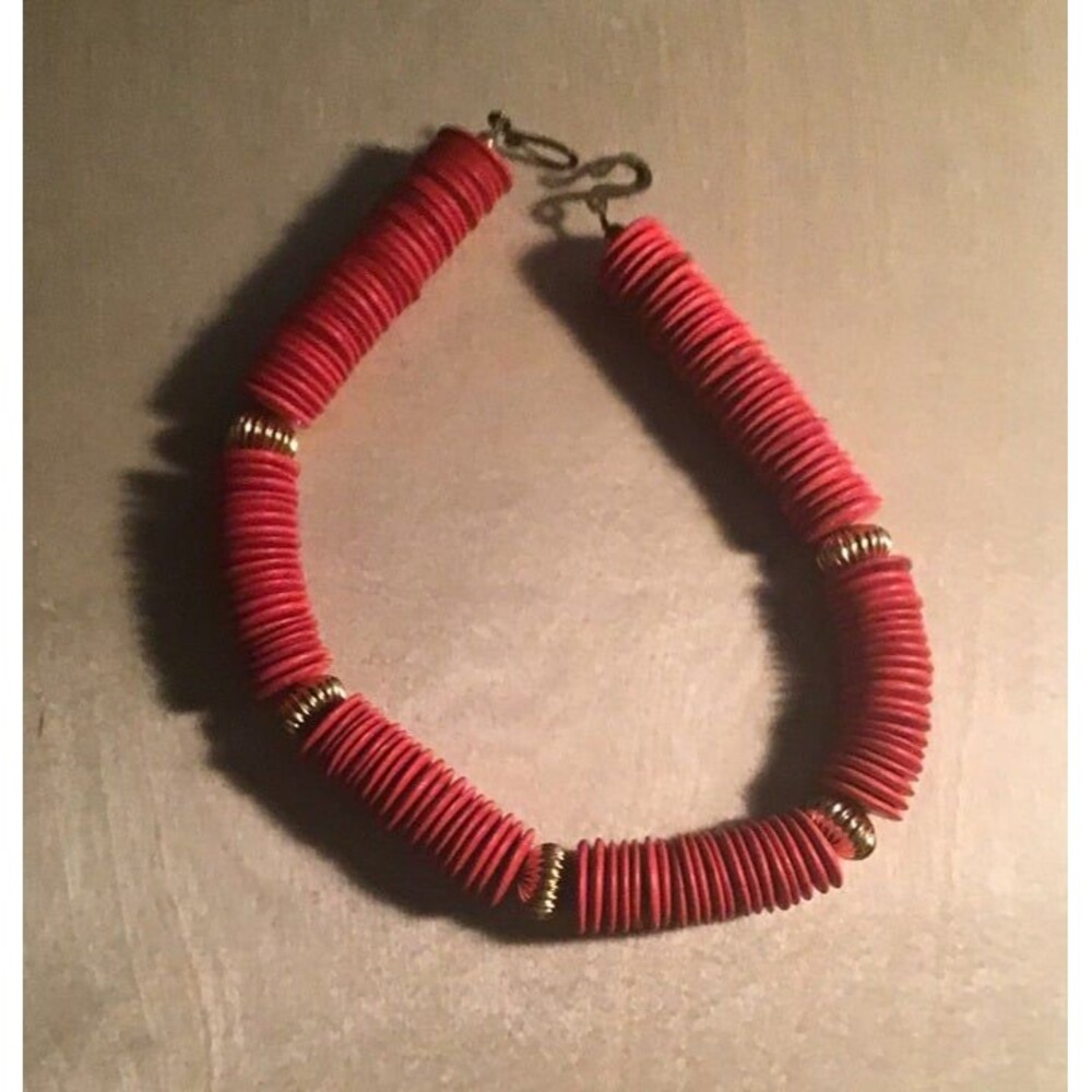 Vintage 1980s Red Disc Bead Statement Necklace - Chunky Retro Gold Tone Spacers